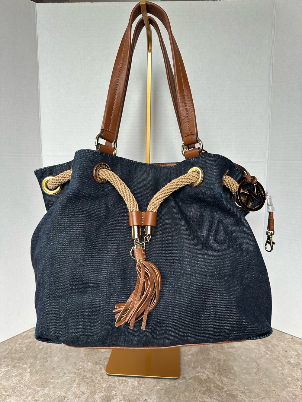 Michael Kors Denim Marina Rope Drawstring Tassel Tote Bag Hobo Nautical Y2K Chic